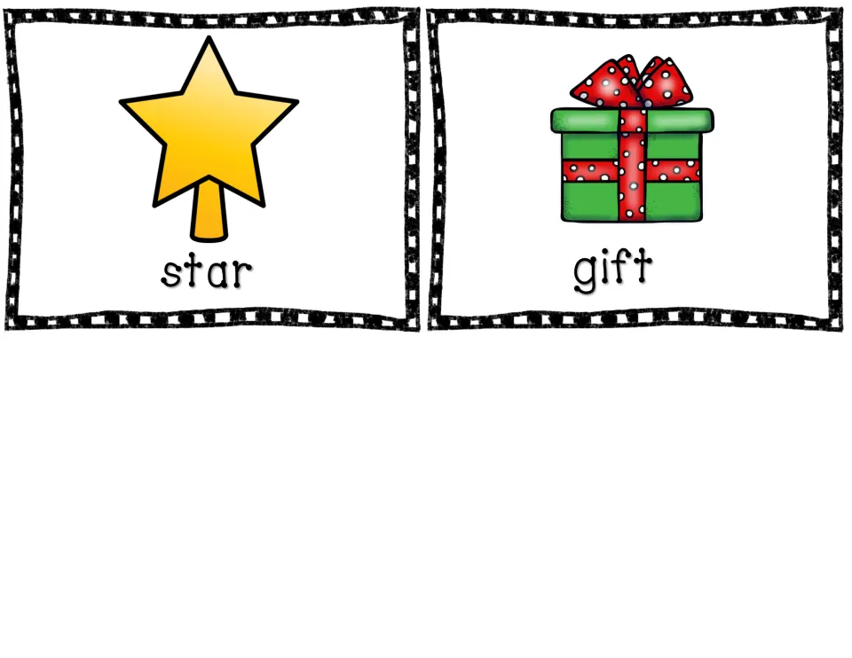 Picture vocabulary cards 9–10 in the reading packet: star and gift, illustrated by a tree topper and present