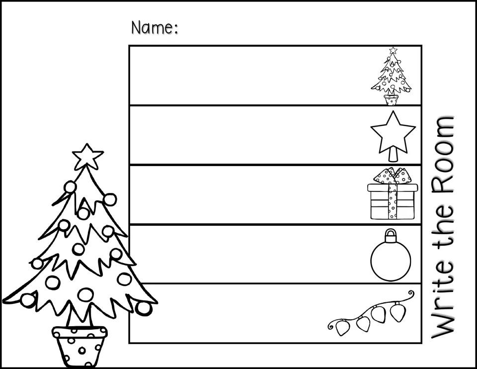 Write-the-room recording sheet uses pictures of a tree, star, gift, ornament, and lights as writing cues