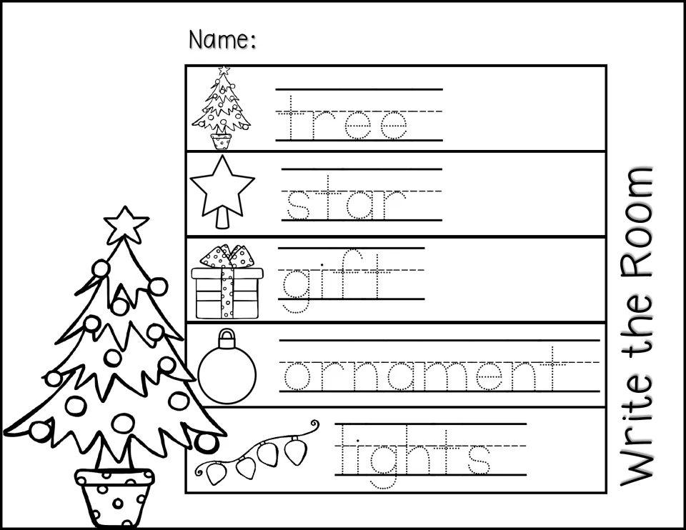 Write-the-room tracing sheet pairs pictures with the dotted words tree, star, gift, ornament, and lights