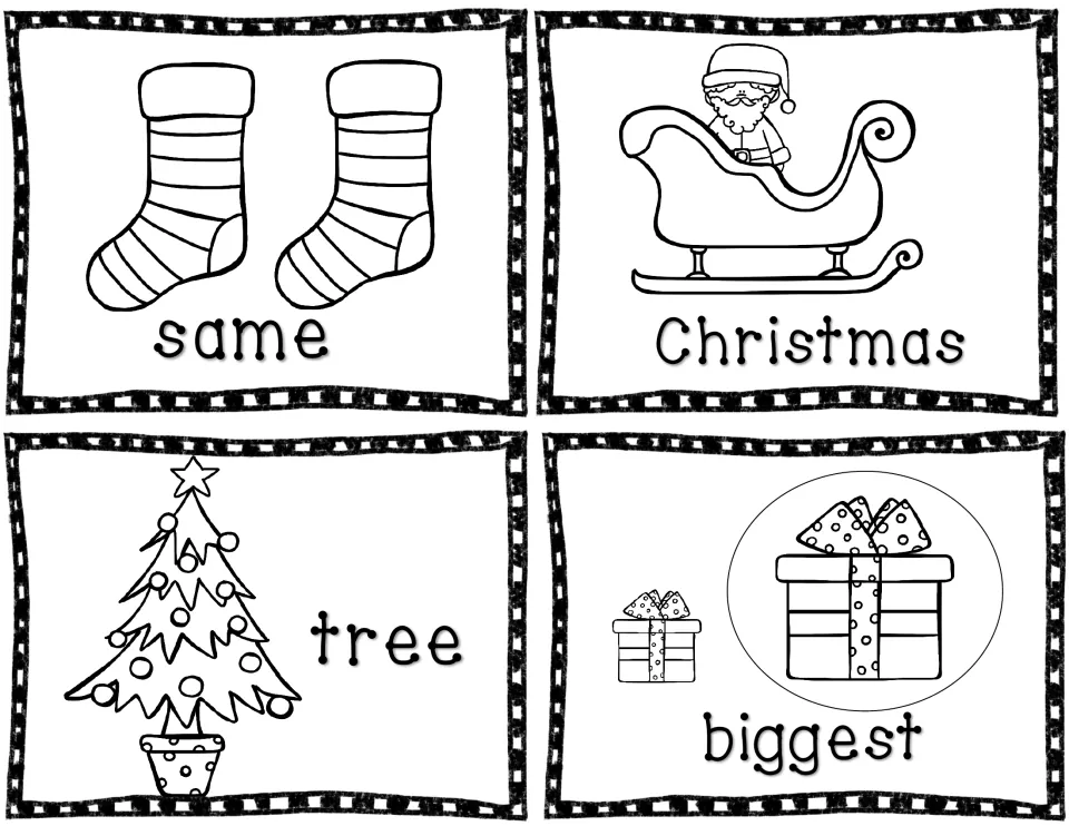 Four story vocabulary cards for sentence writing show same, Christmas, tree, and biggest with picture cues