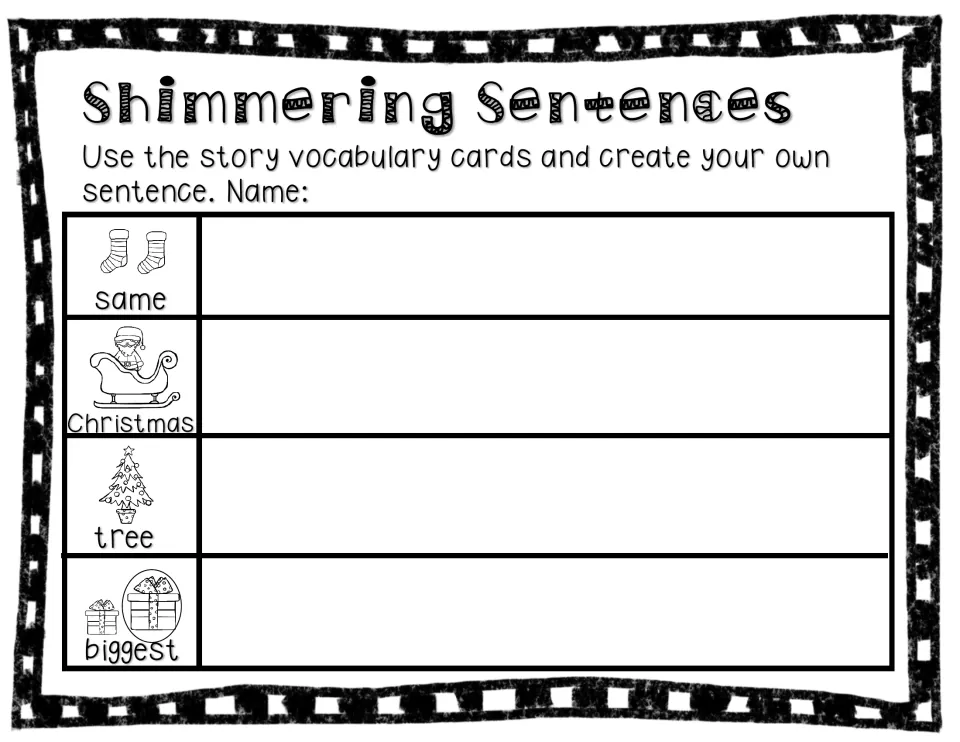 Shimmering Sentences activity asks students to create sentences using same, Christmas, tree, and biggest