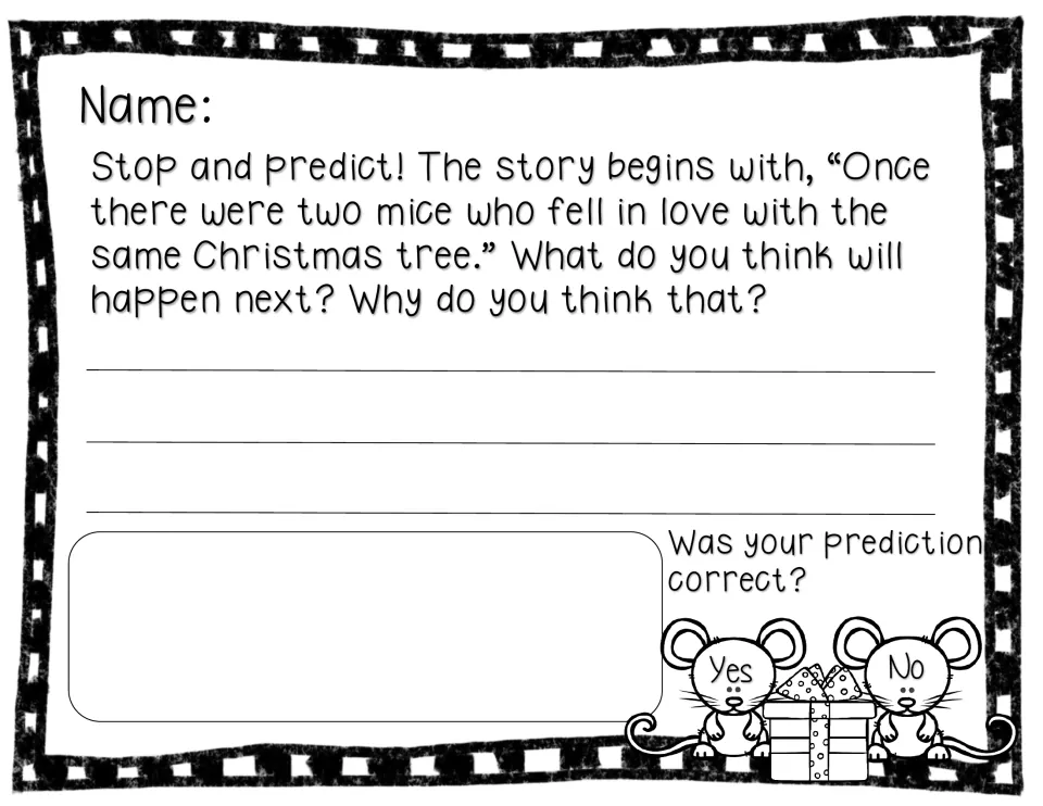 Prediction prompt asks what happens after two mice love the same Christmas tree, why, and if it was correct