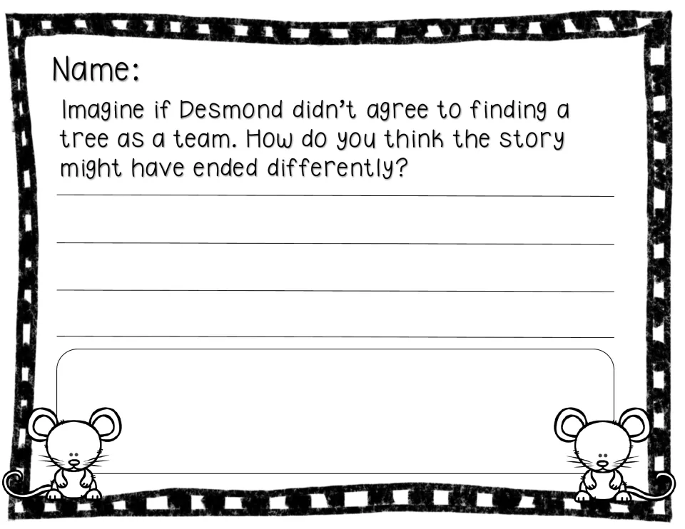 Alternate-ending prompt asks how the story might end if Desmond did not agree to find a tree as a team