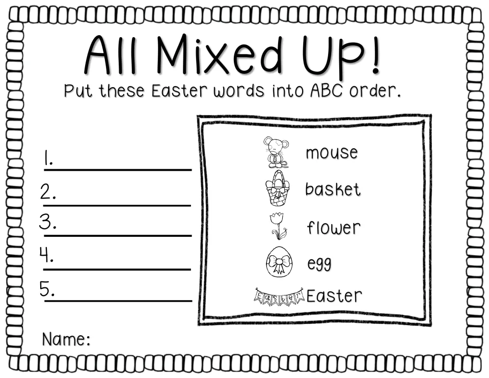 All Mixed Up! alphabetizing activity asks students to put mouse, basket, flower, egg, and Easter in ABC order
