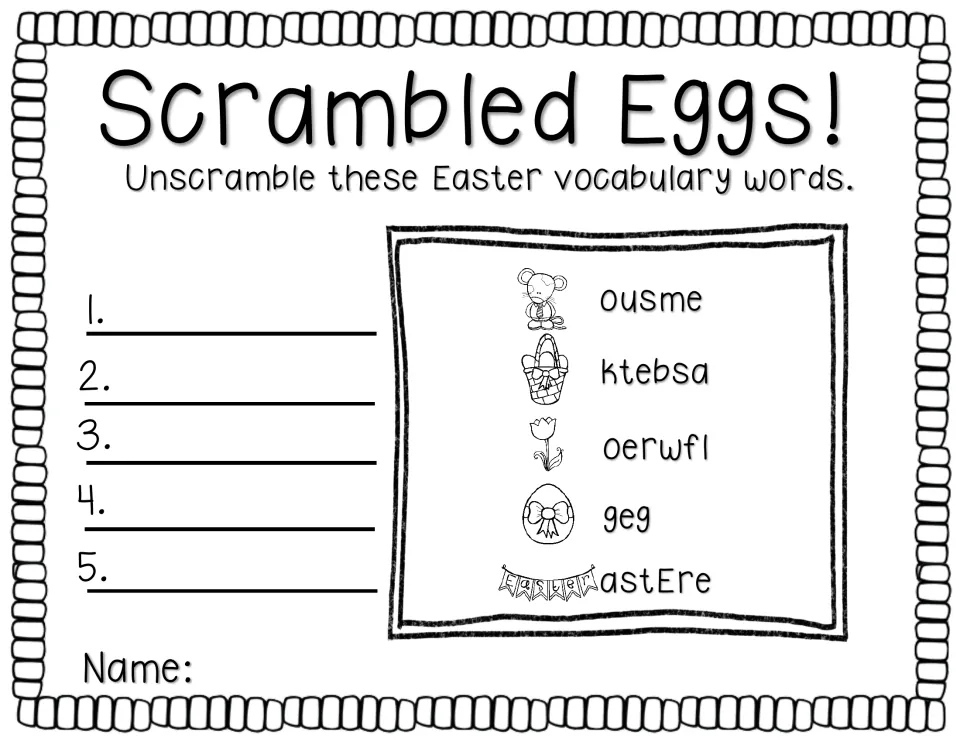 Scrambled Eggs! vocabulary activity asks students to unscramble ousme, ktebsa, oerwfl, geg, and astEre