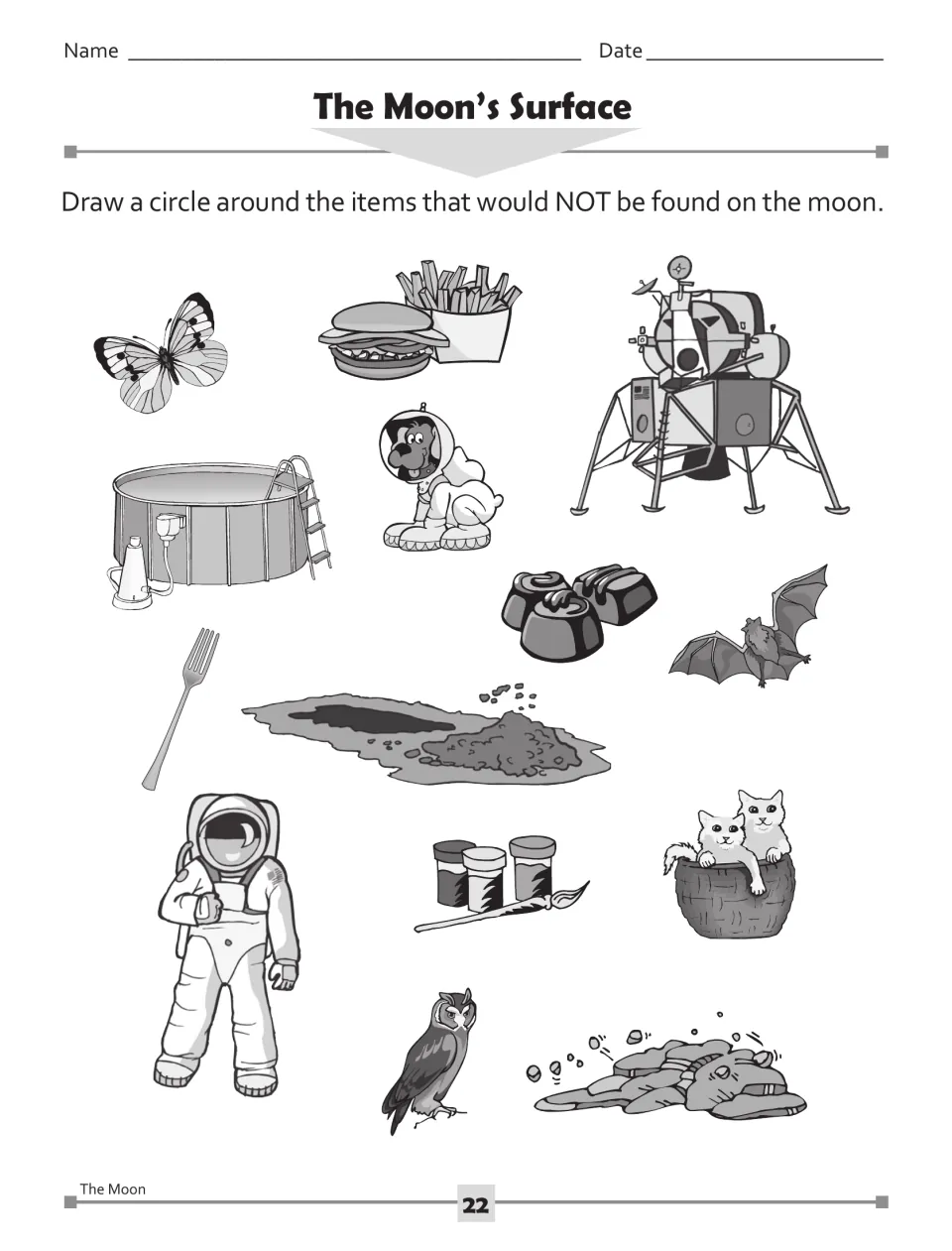 The Moon's Surface: circle what is NOT on the moon among pictures like a butterfly, pool, bat, rocks and a lander