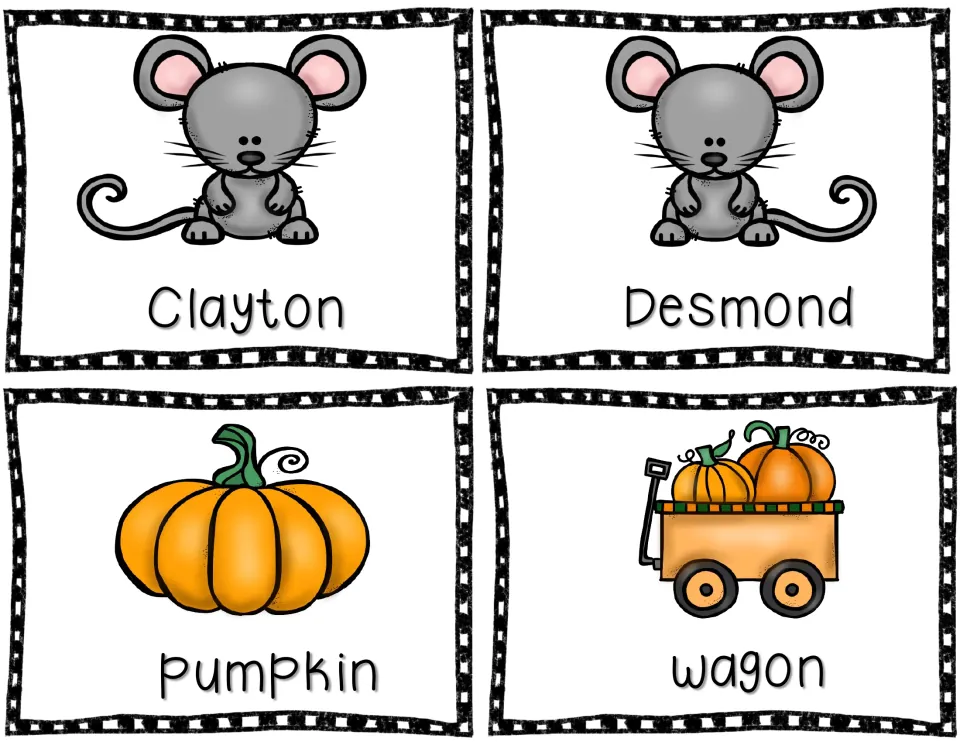 Picture cards 1–4 of the reading packet: Clayton, Desmond, pumpkin, and wagon, each illustrated and labeled