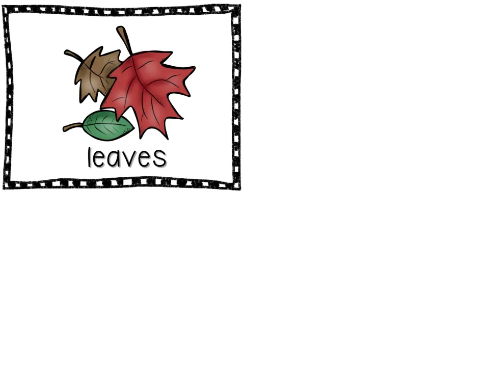 Picture card 5 of the reading packet: a group of leaves labeled 'leaves' for the write-the-room activity