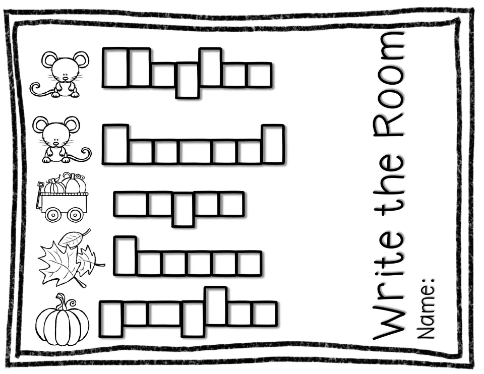 Write the Room activity for recording the five picture-card words: Clayton, Desmond, wagon, leaves, and pumpkin