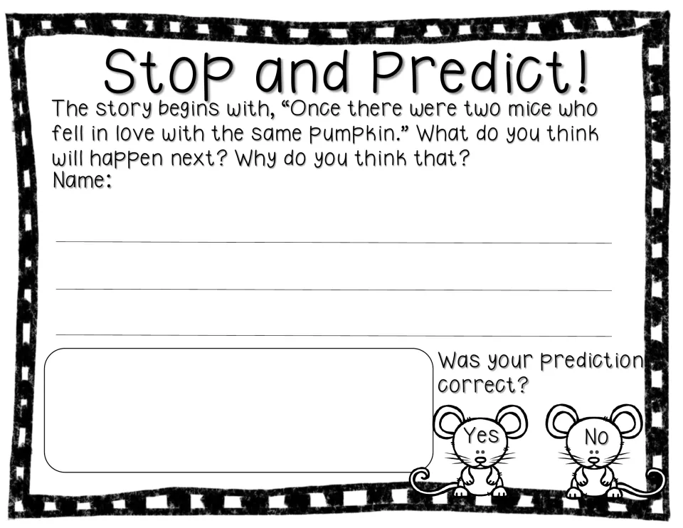 First Stop and Predict activity asks what happens after two mice love the same pumpkin and why