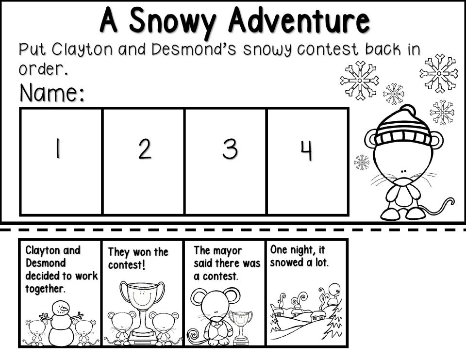 Sequencing activity: order four events about snowfall, the mayor's contest, teamwork, and winning