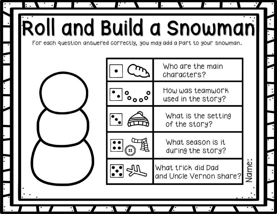 Roll and Build a Snowman activity pairs five story questions with a nose, mouth, hat, scarf, and arm