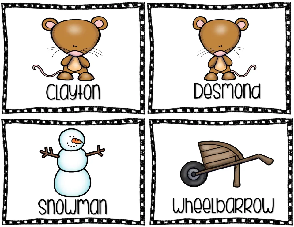 Picture cards 1–4 of the vocabulary set show two mice, a snowman, and a wheelbarrow with word labels