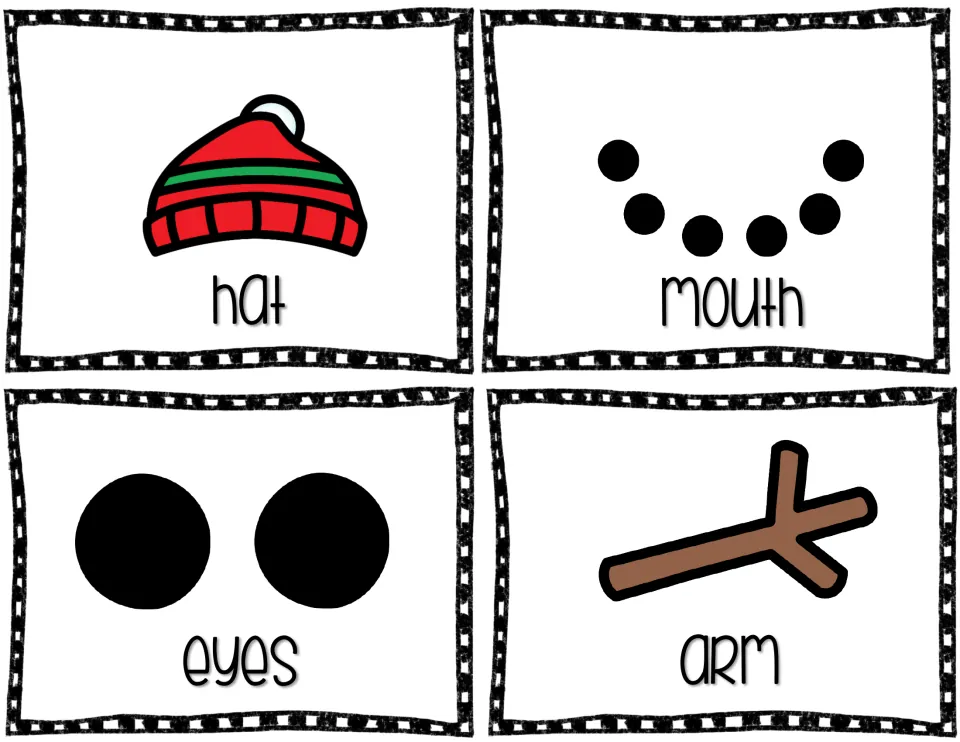 Picture cards 5–8 of the vocabulary set show a winter hat, a dotted mouth, two eyes, and a branch arm
