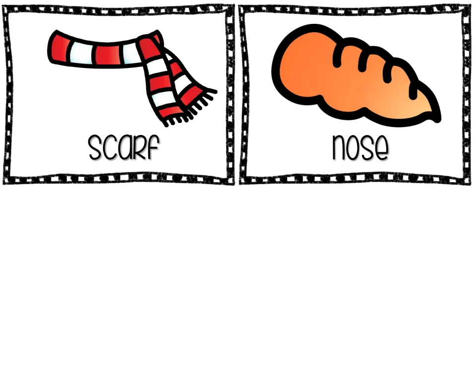 Picture cards 9–10 complete the vocabulary set with a striped scarf and a carrot labeled as a nose