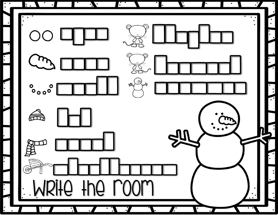 Write the Room activity uses picture clues for eyes, nose, mouth, hat, scarf, wheelbarrow, and three more