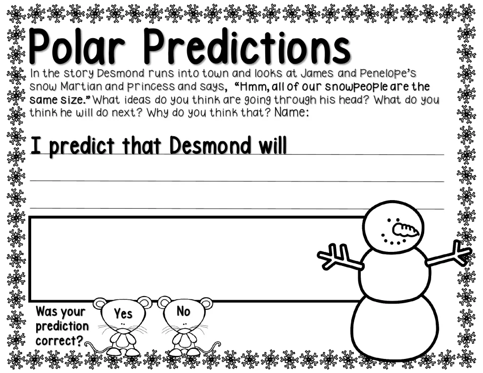 Polar Predictions asks what Desmond will do after noticing equal-sized snowpeople and why students think so