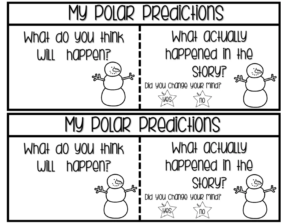 Two matching My Polar Predictions organizers compare a prediction with story events and ask if it changed