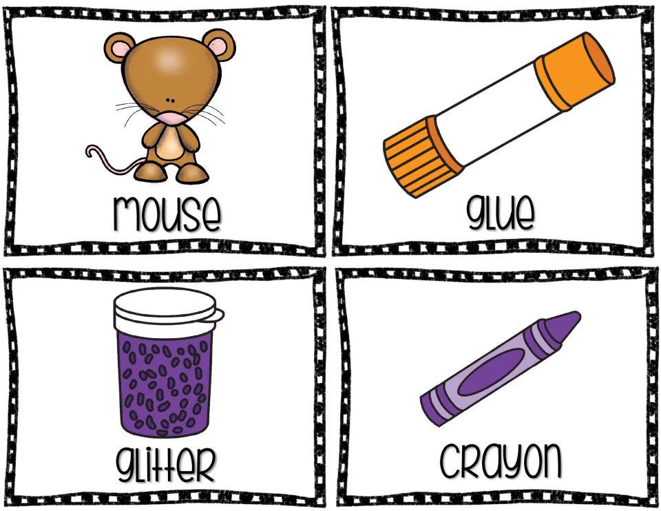Picture vocabulary cards 1–4 of five: mouse, glue, glitter, and crayon, each illustrated and labeled
