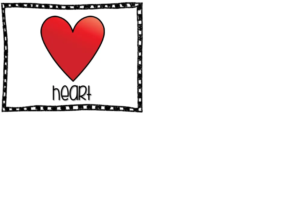 Picture vocabulary card 5 of five: a red heart labeled “heart,” completing the packet's picture card set