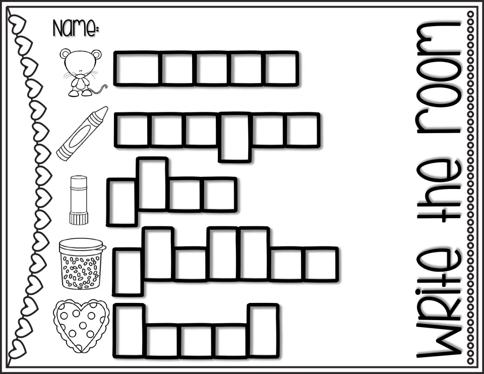 Write-the-room recording sheet for spelling mouse, crayon, glue, glitter, and heart using picture cues