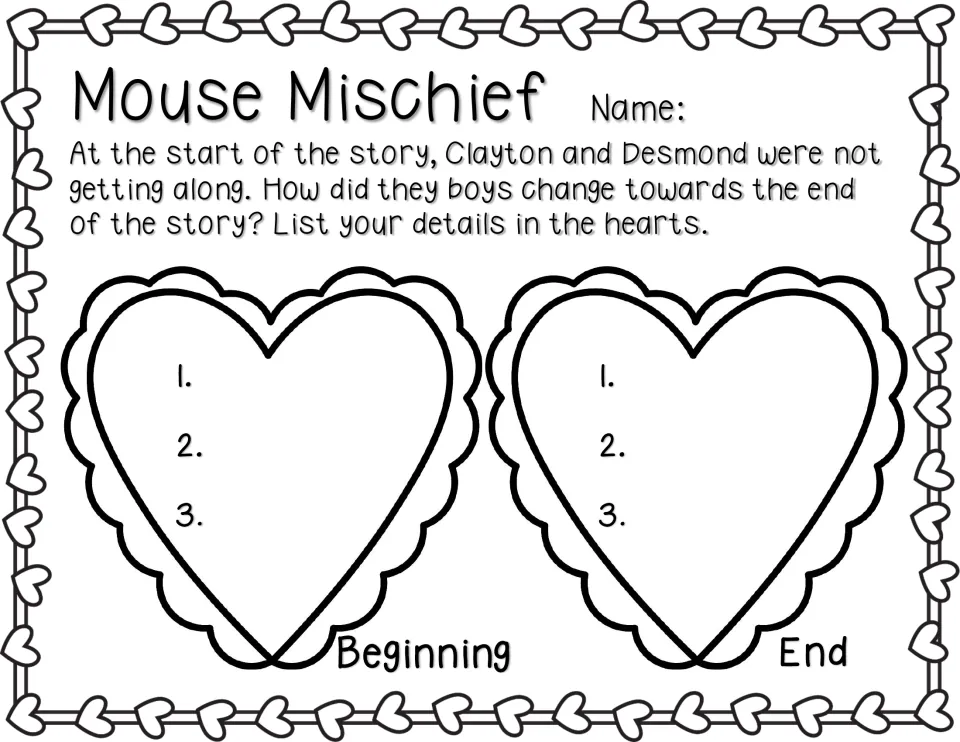 Mouse Mischief organizer asks for three details about Clayton and Desmond at the story's beginning and end