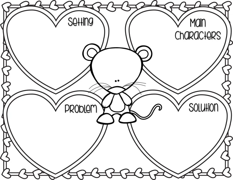 Story elements organizer provides prompts for identifying the setting, main characters, problem, and solution