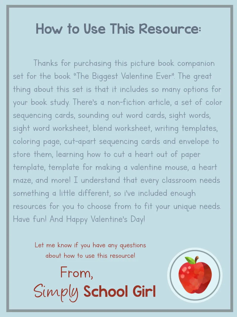 How to Use This Resource lists the set's parts: nonfiction article, sequencing cards, sight word and blend sheets, maze