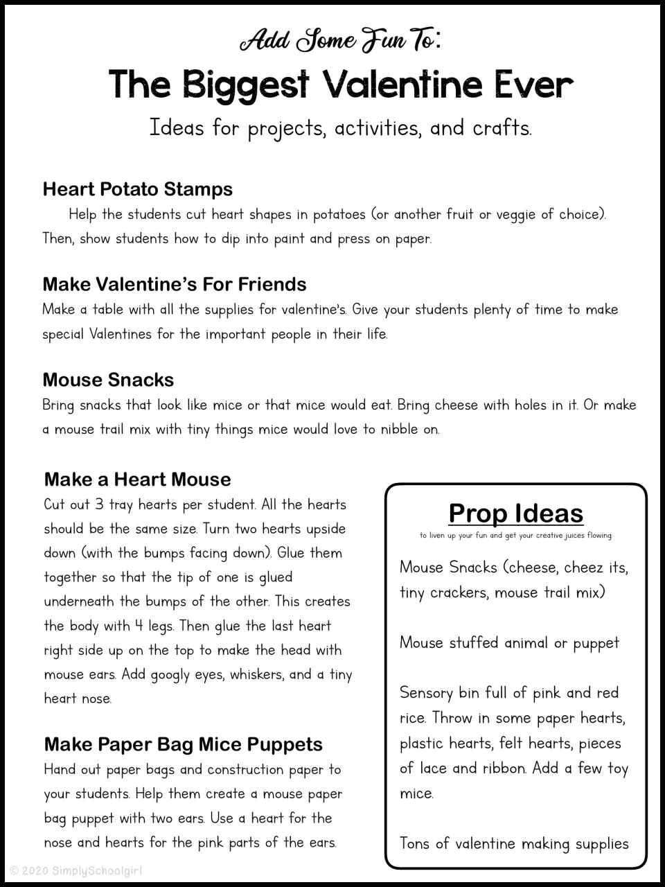 Extension ideas for the book: heart potato stamps, mouse snacks, a heart mouse craft, paper bag mice puppets and a prop list