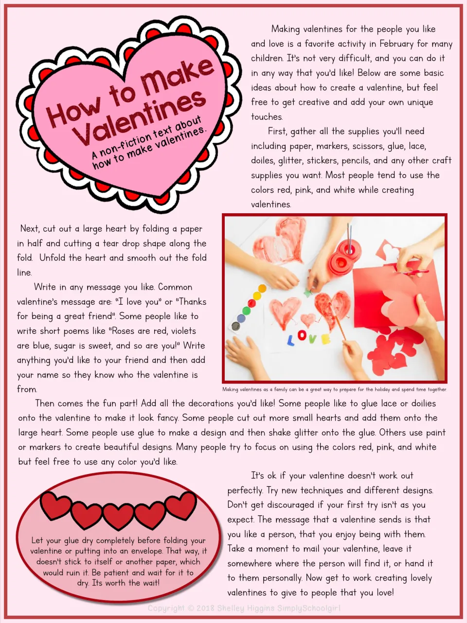 How to Make Valentines nonfiction article: steps for cutting a folded heart, writing a message, decorating and drying