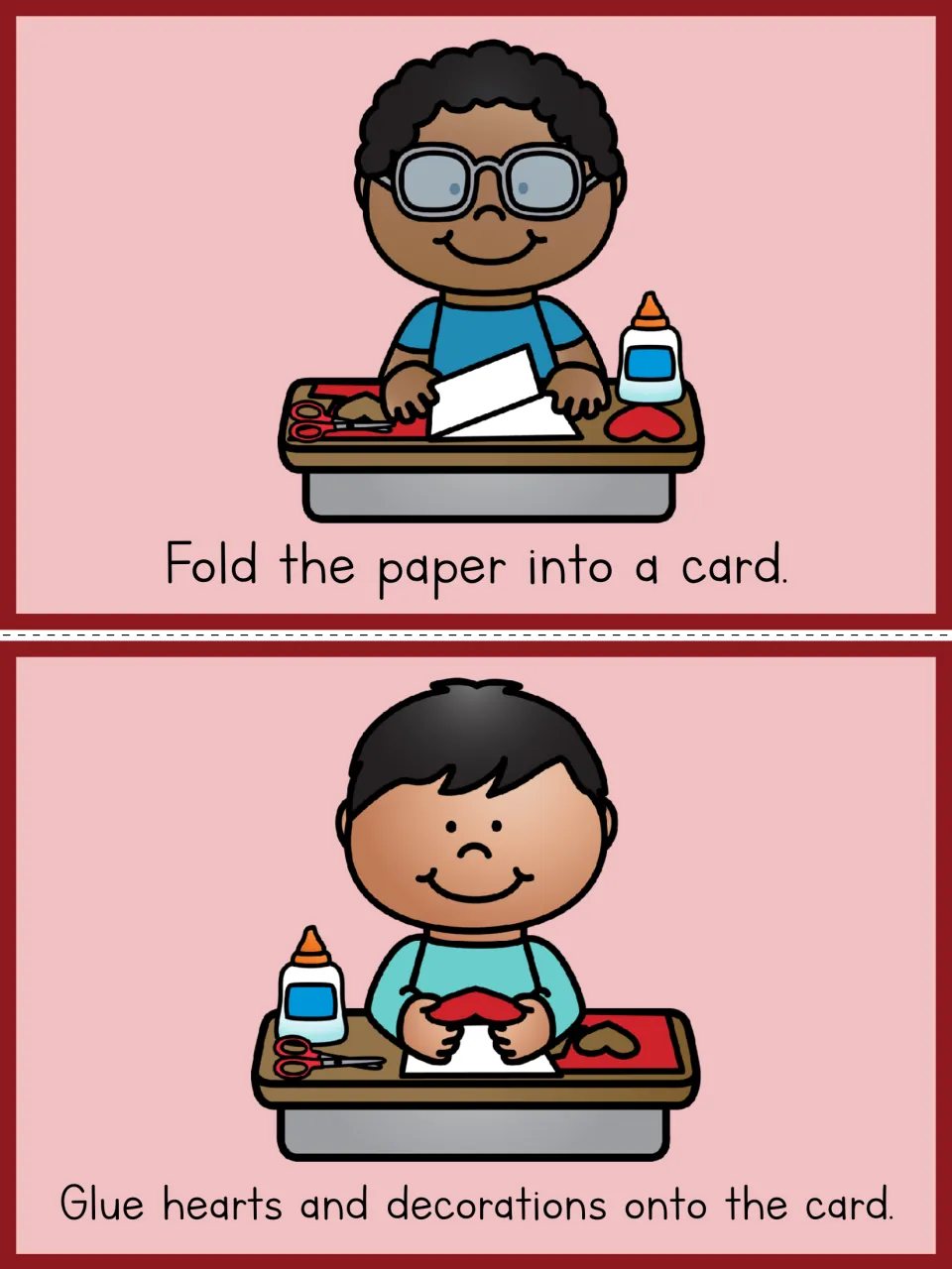 More valentine sequencing cards: a child folds paper into a card, then glues hearts and decorations onto the card