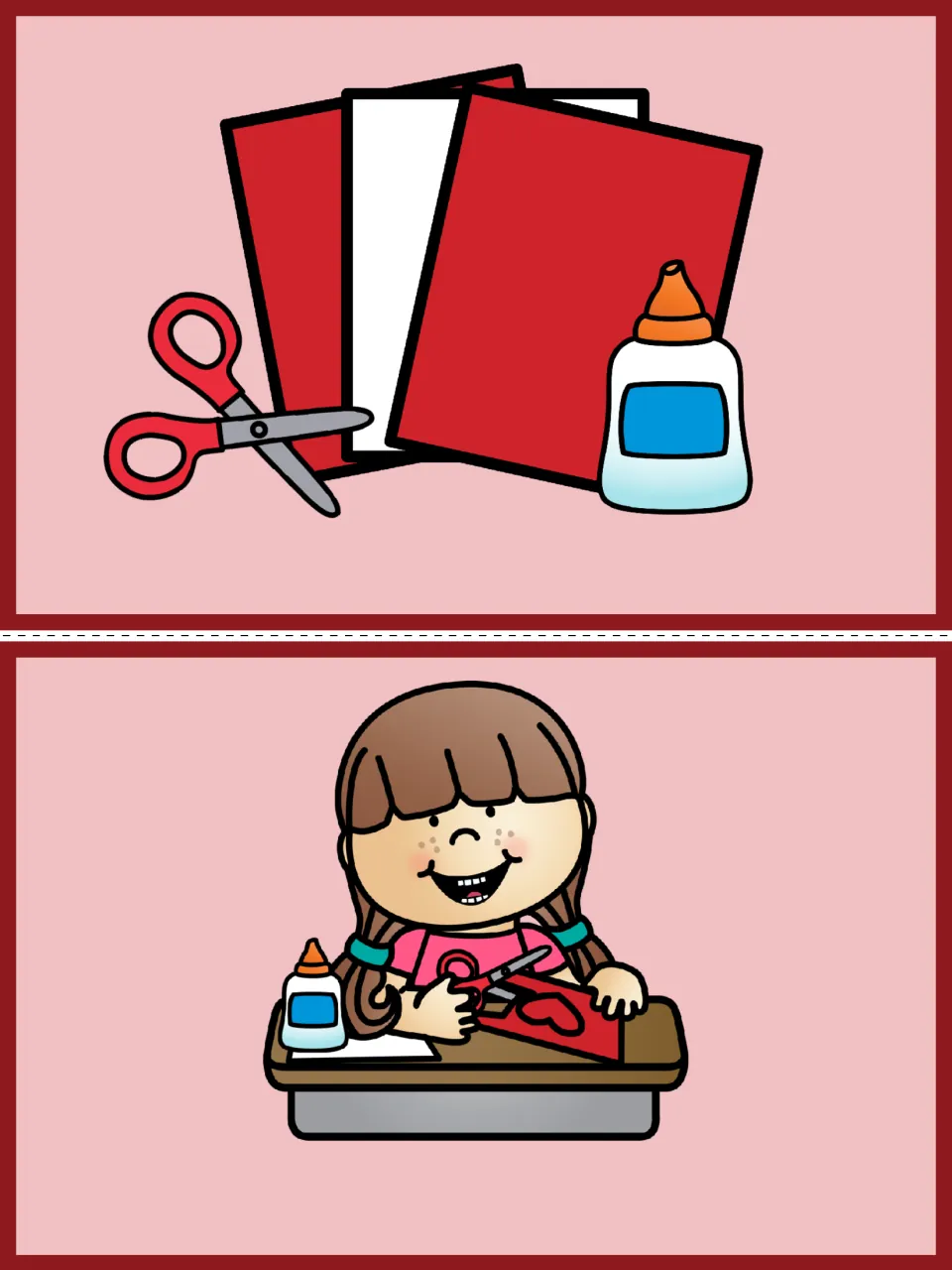 Wordless sequencing picture cards showing craft supplies (scissors, paper, glue) and a girl cutting out a paper heart