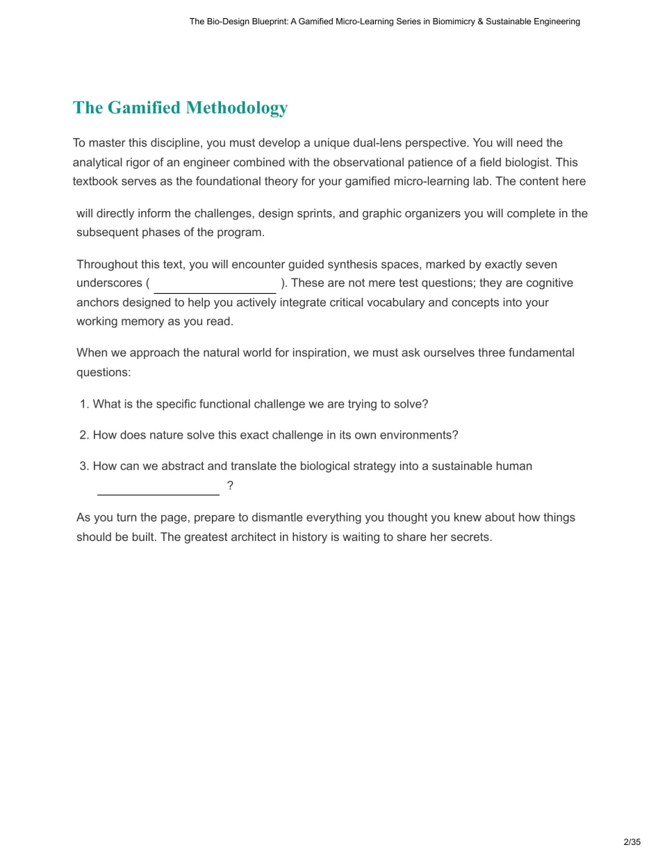 Gamified methodology reading explains guided vocabulary blanks and three questions for studying nature