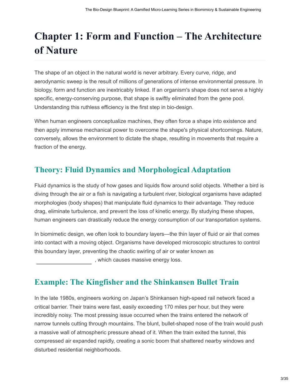 Chapter 1 reading introduces form and function, fluid dynamics, and the kingfisher-inspired bullet train