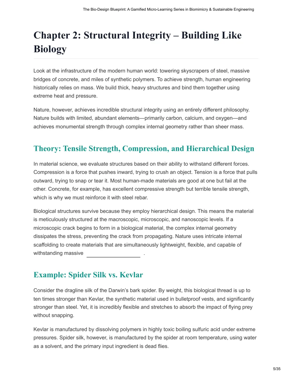 Chapter 2 reading covers structural integrity, tension, compression, hierarchical design, and spider silk