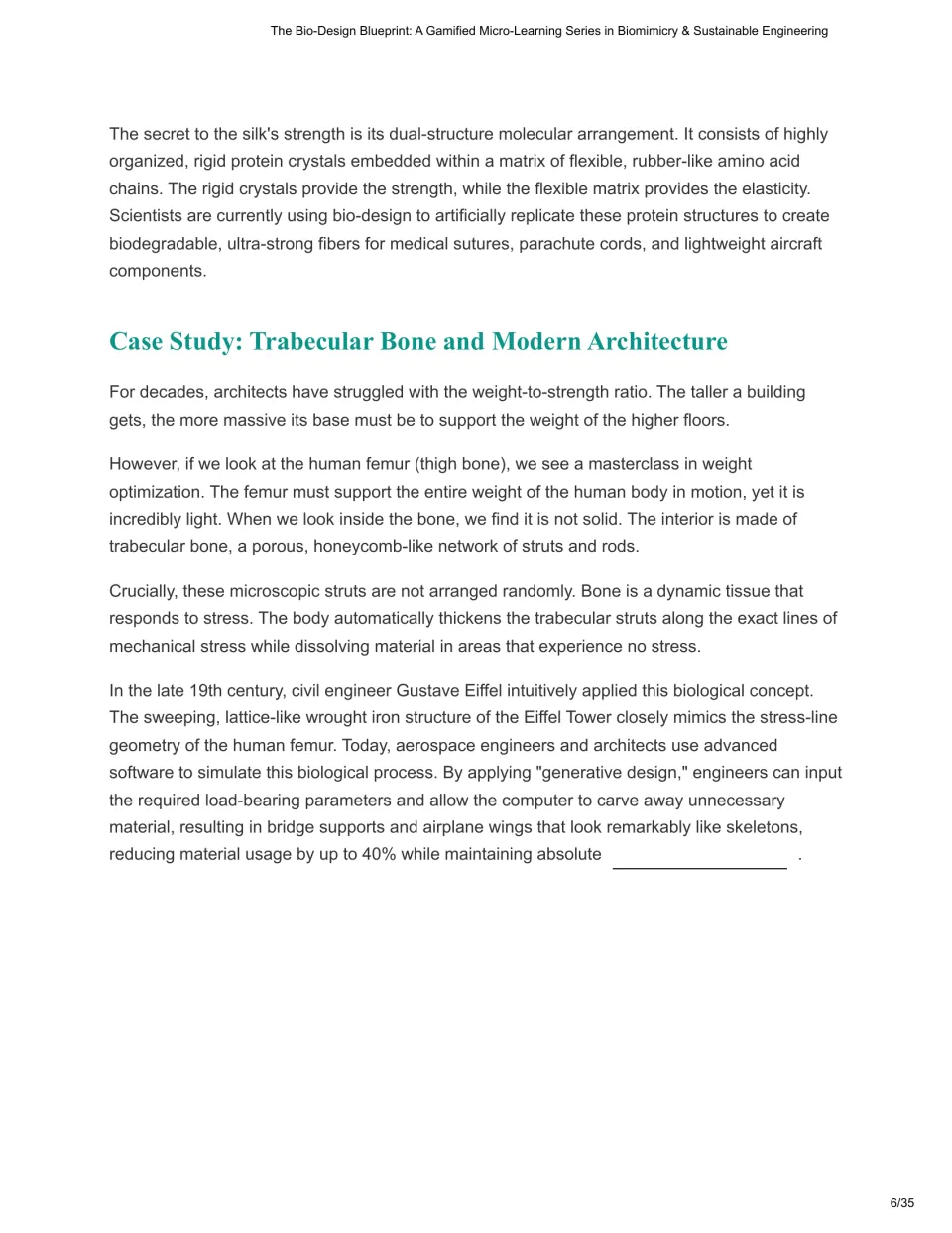 Chapter 2 continues spider silk's molecular structure and connects trabecular bone to architectural design