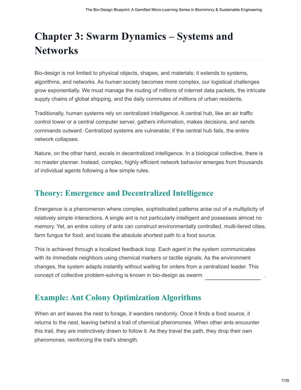 Chapter 3 reading introduces swarm dynamics, decentralized intelligence, and ant colony optimization