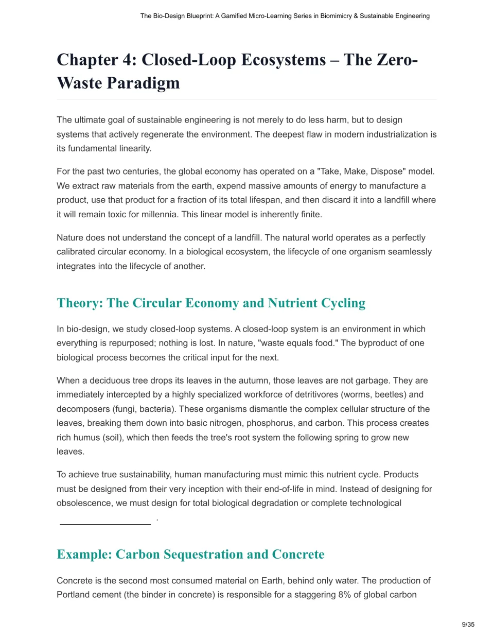 Chapter 4 reading introduces closed-loop ecosystems, nutrient cycling, and carbon sequestration in concrete