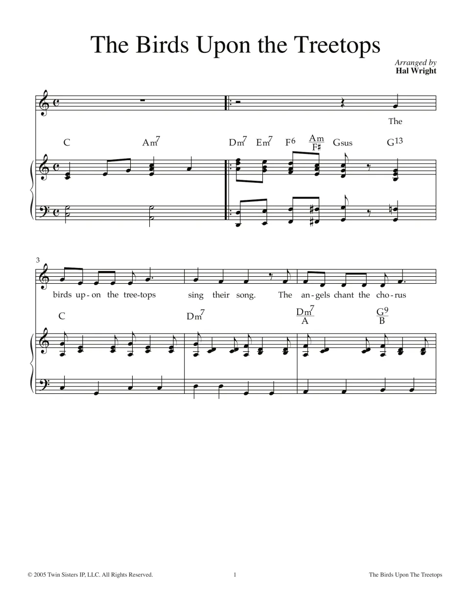 The Birds Upon the Treetops, arranged by Hal Wright: vocal melody, lyrics, chords and piano for measures 1 to 5
