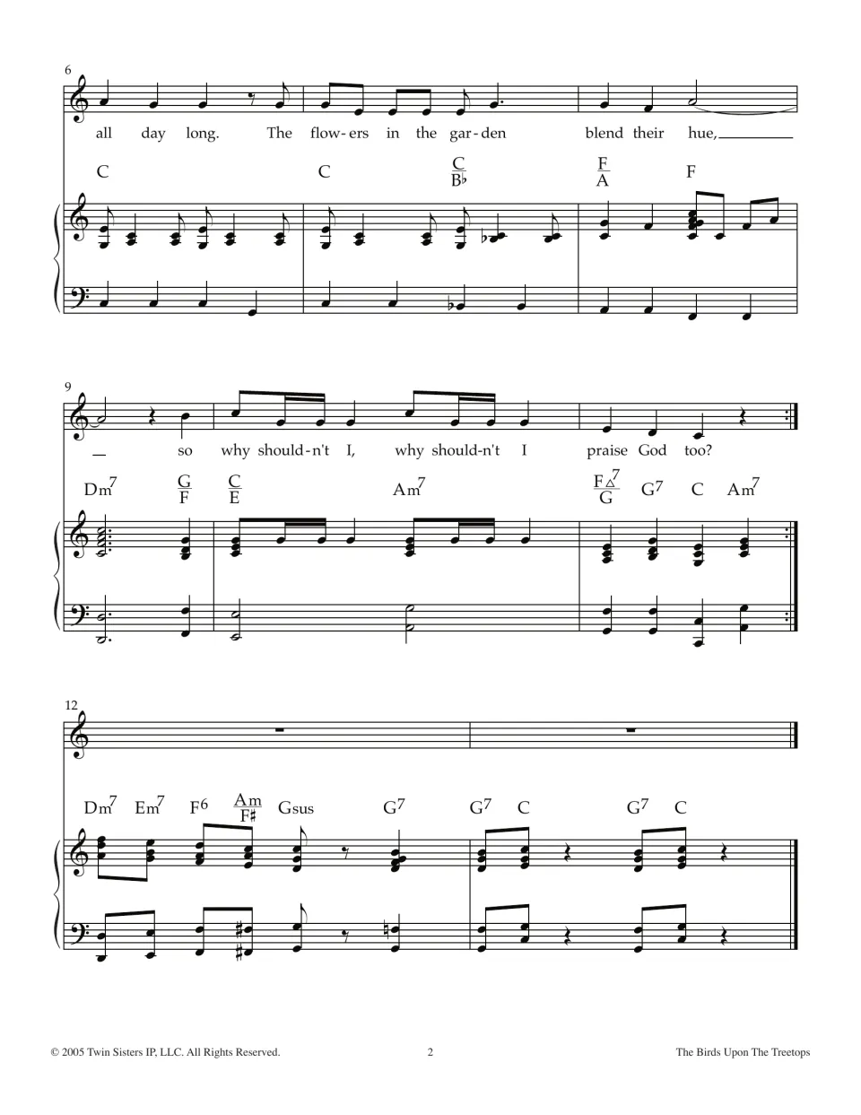 Song measures 6 to 13: lyrics about garden flowers and 'why shouldn't I praise God too?', with repeat and piano ending