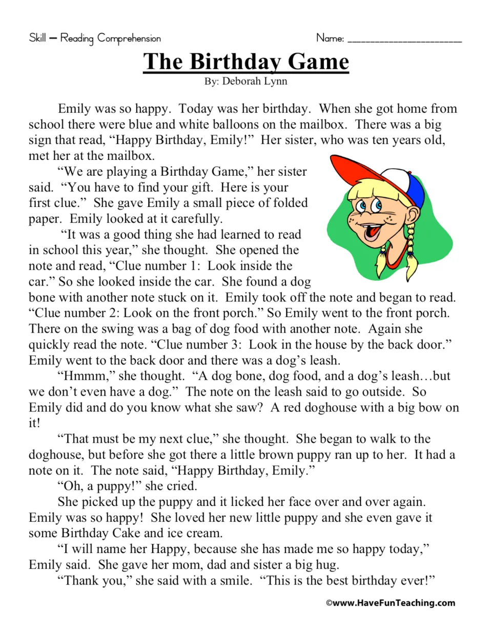Reading passage about Emily following birthday clues at home to find a puppy, which she names Happy