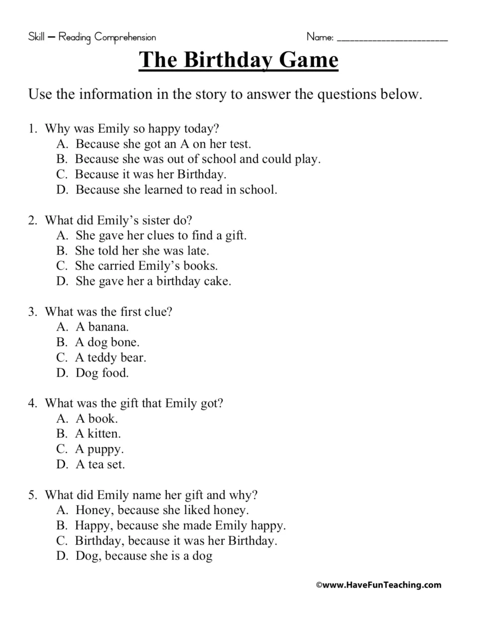 Five multiple-choice questions about Emily’s birthday, her sister’s clues, her gift, and the puppy’s name