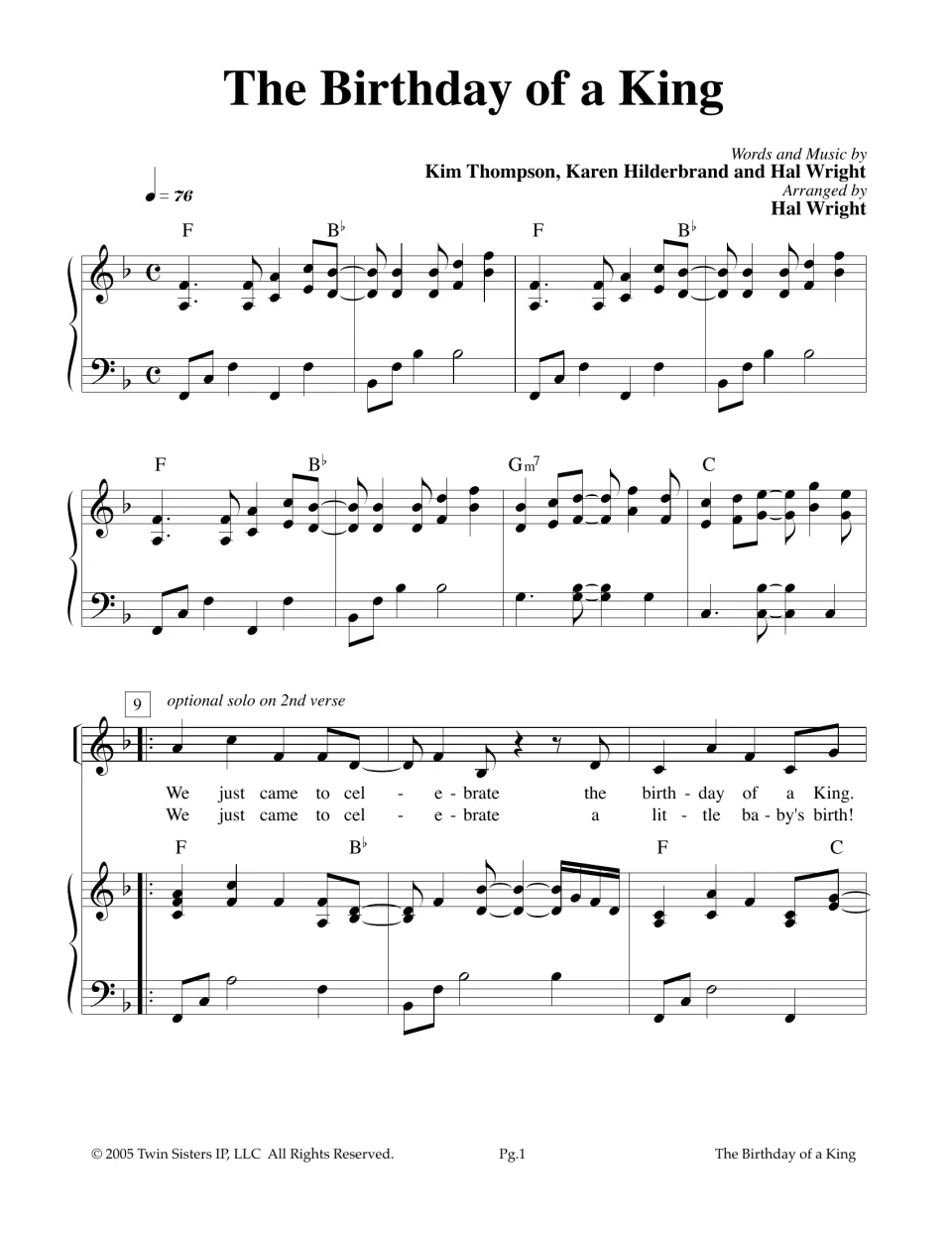 The Birthday of a King, page 1: piano intro in F and the verse vocal line 'We just came to celebrate' with chords