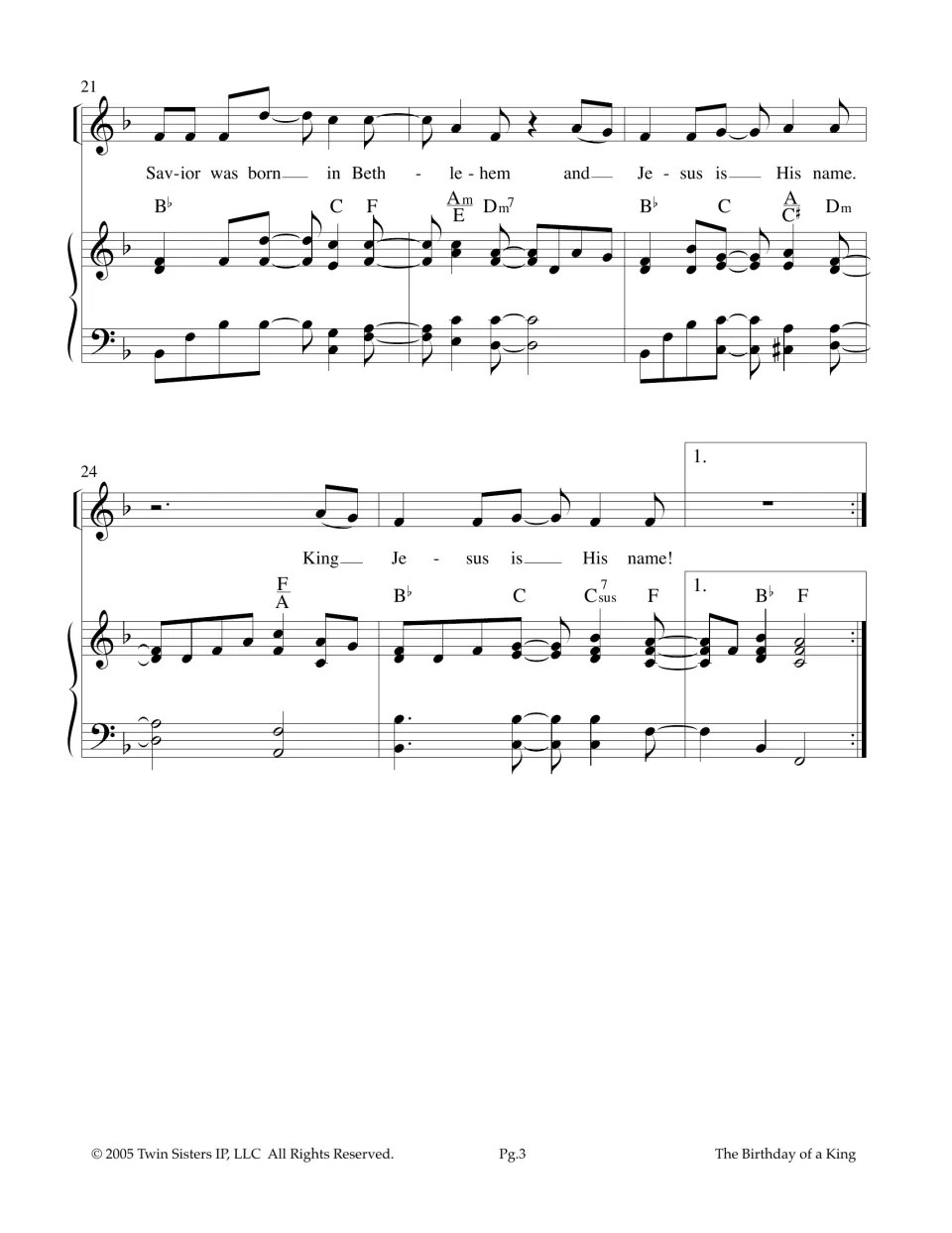 Chorus ends 'Savior was born in Bethlehem and Jesus is His name' with a first ending that repeats to the verse