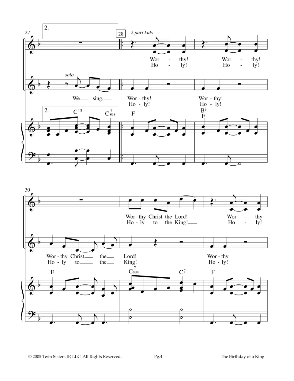 Second ending opens a 2-part kids section: 'Worthy!' and 'Holy!' calls against a solo line, with piano chords