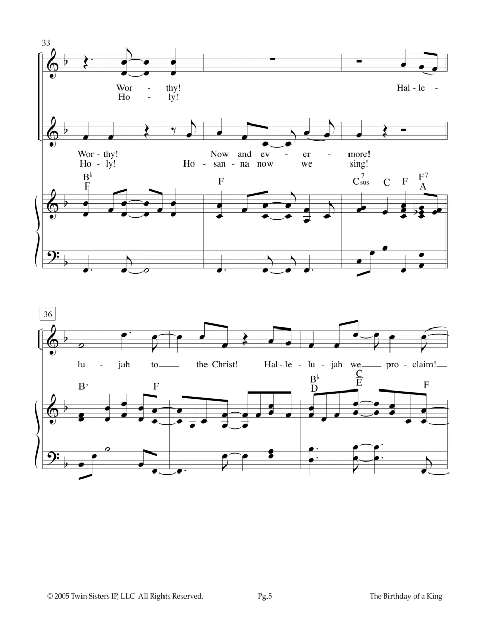 Two-part 'Worthy! Holy!' section closes on 'Hosanna now we sing!' and returns to 'Hallelujah to the Christ'