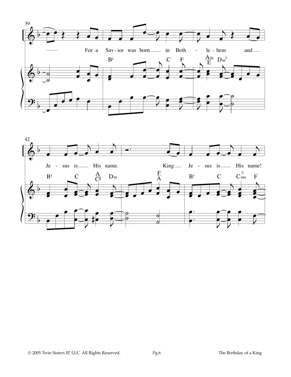 Final chorus: 'For a Savior was born in Bethlehem' then repeated 'King Jesus is His name!' with piano chord symbols