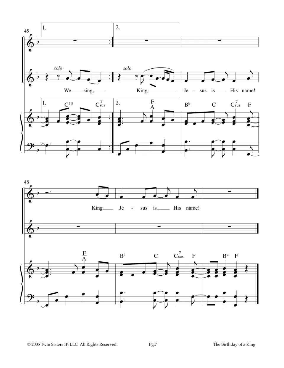 Song ending: solo 'We sing' and 'King' lines in 1st and 2nd endings, closing on 'King Jesus is His name!' in F