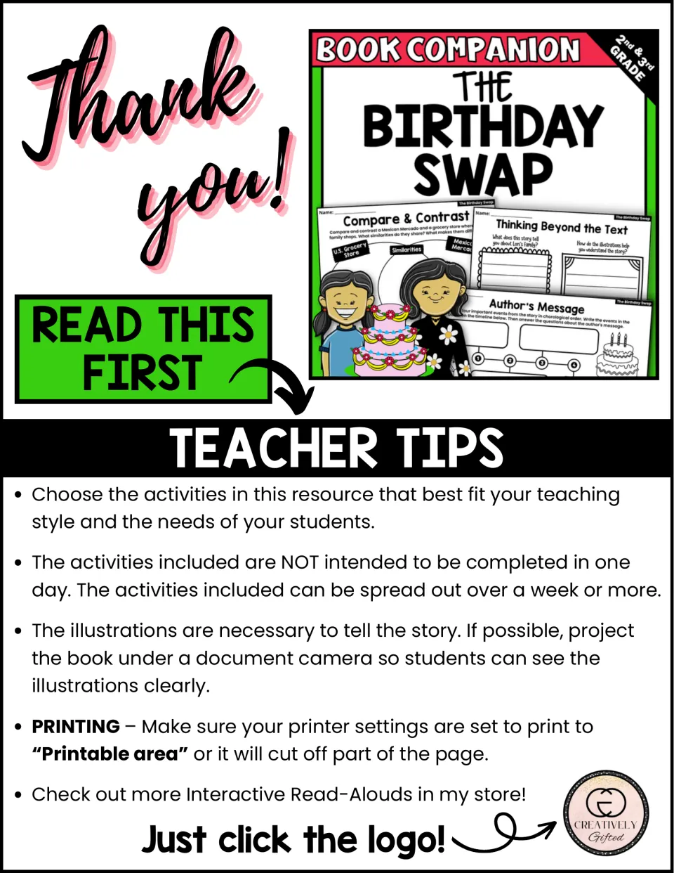 Teacher tips for the book companion cover activity selection, pacing, showing illustrations, and printing.