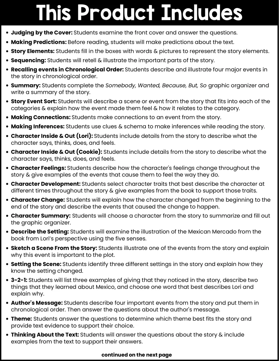 Activity list, part 1: cover study, predictions, story elements, sequencing, character analysis, and more.